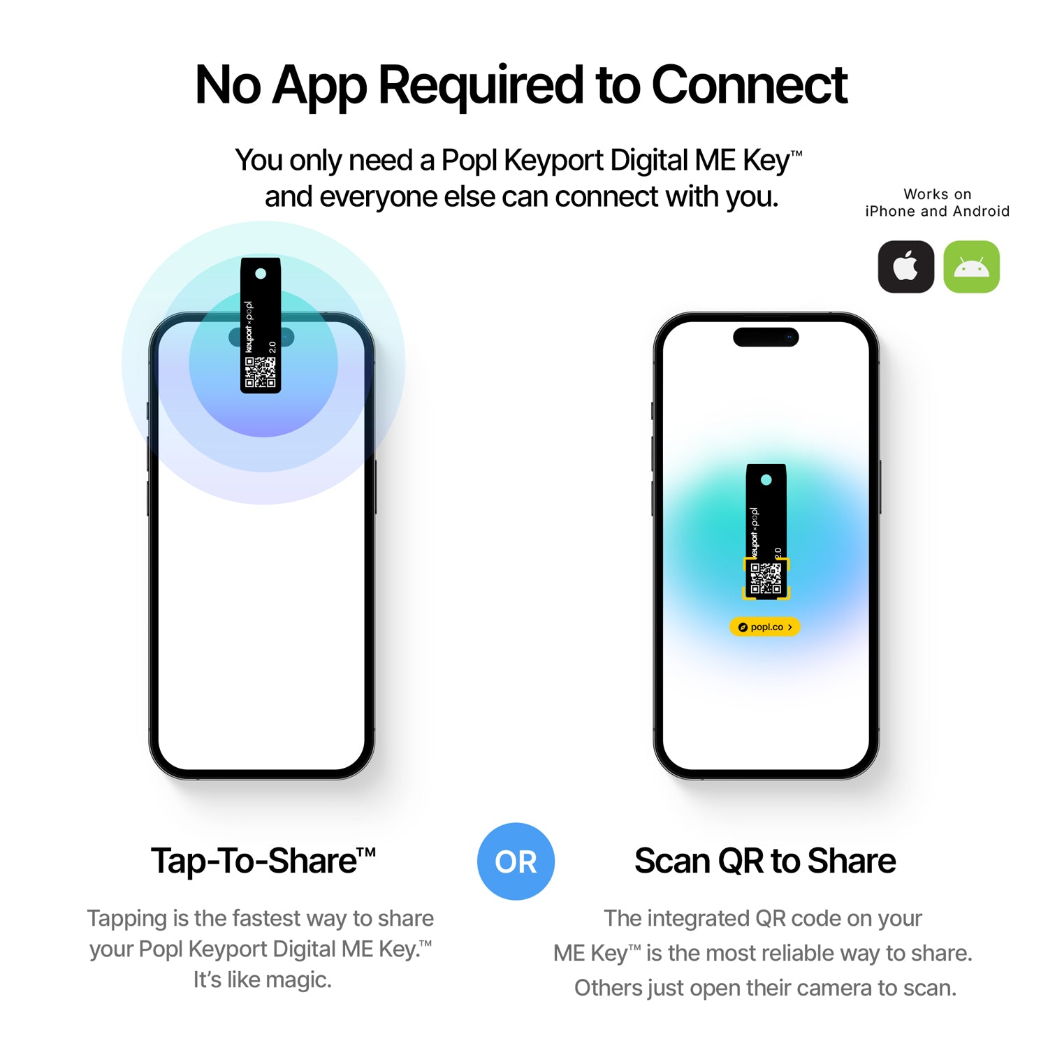 No app is required. All you need is the Popl x Keyport Digital ME Key 2.0 and everyone can connect with you.