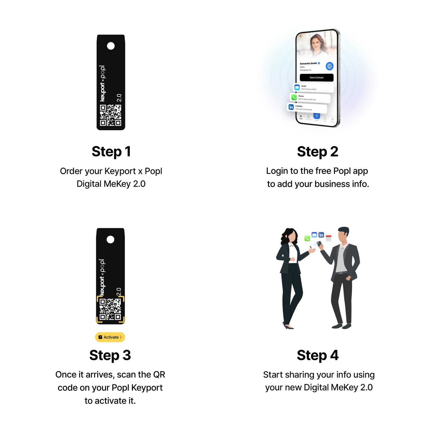 Setup for the Popl x Keyport Digital ME Key e-business card is easy as 1, 2, 3, 4.