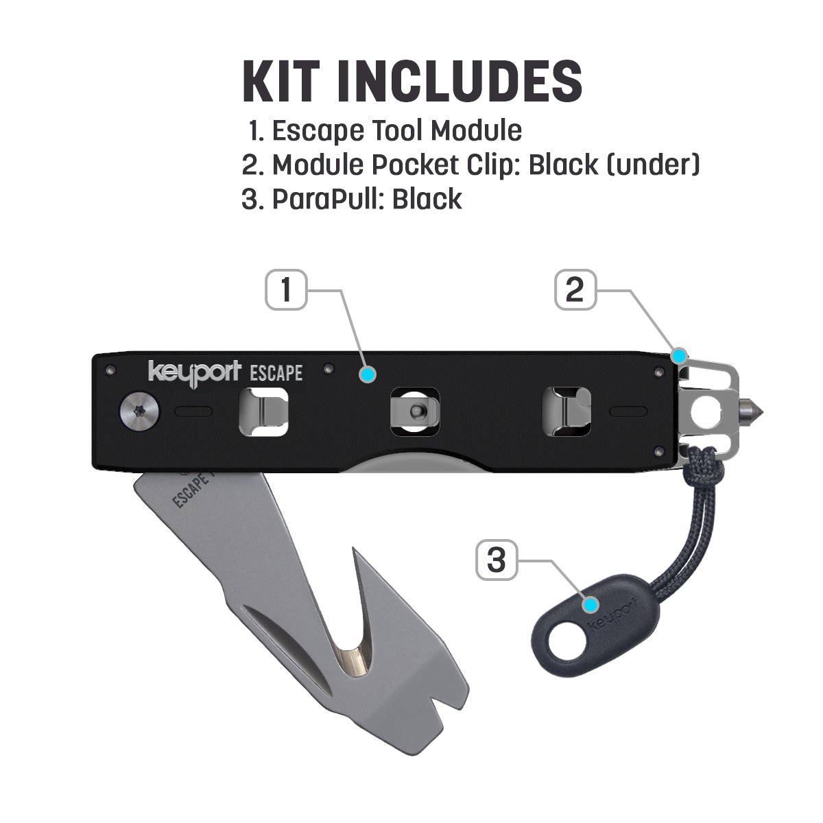 The Keyport Escape Tool Kit features a seatbelt cutter, tungsten carbide window glass breaker, pocket clip, and ParaPull