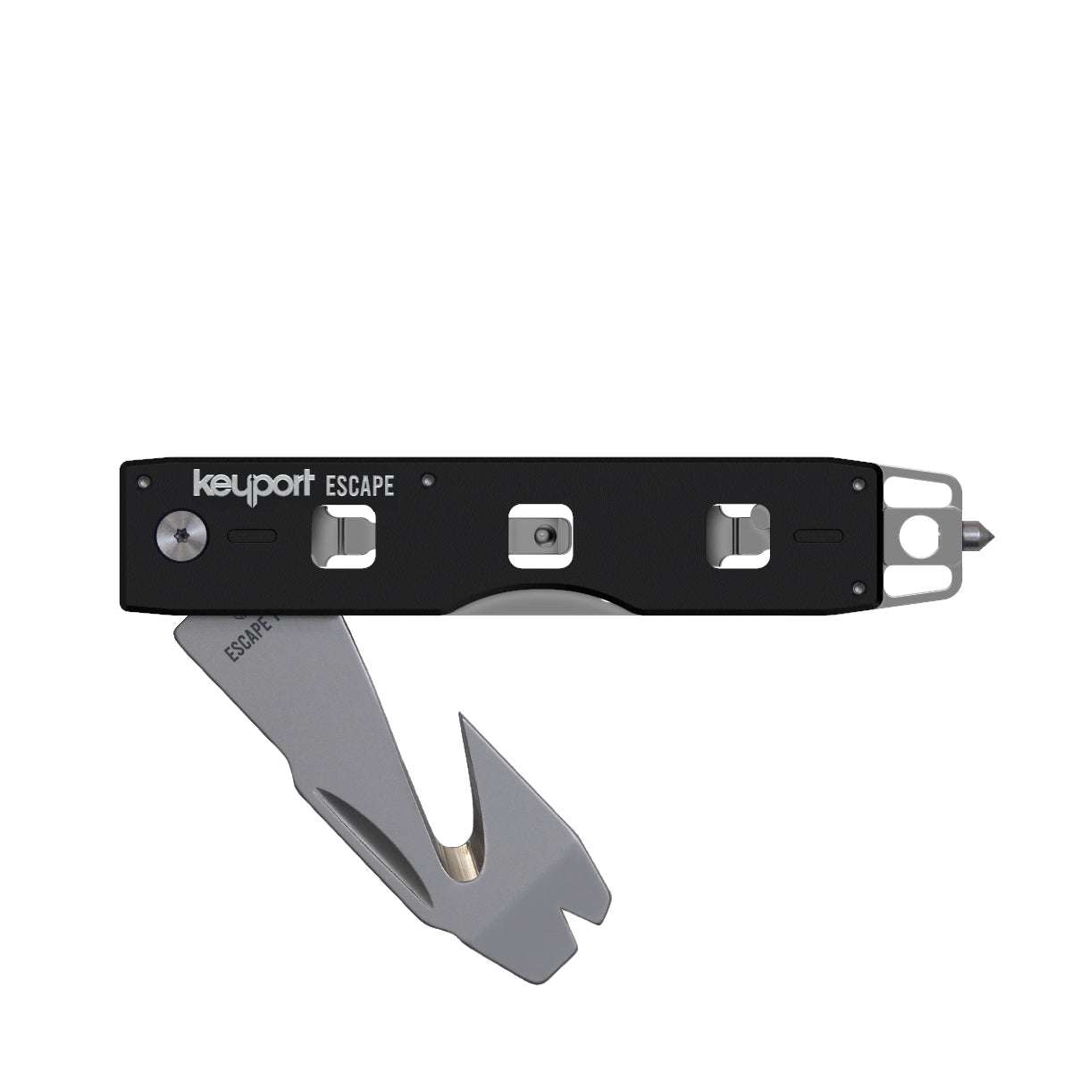 Keyport Escape Tool Module featuring seatbelt cutter, tungsten carbide window glass breaker, prybar & 2 flathead screwdrivers